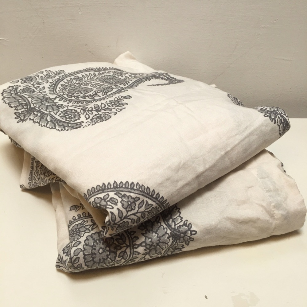 Pottery Barn linen blend Rayna curtain panels gray & white 84" cottage paisley